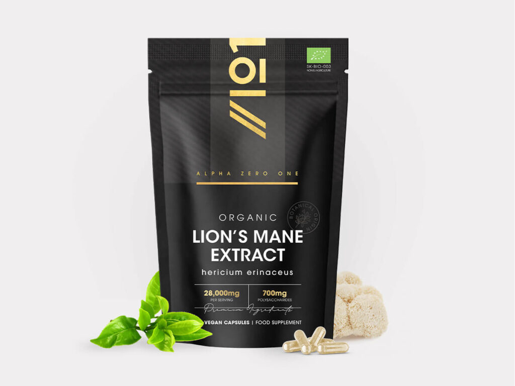 Resealable pouch with 90 vegan capsules of Organic Lion's Mane Mushroom, 28000mg, 50% polysaccharides