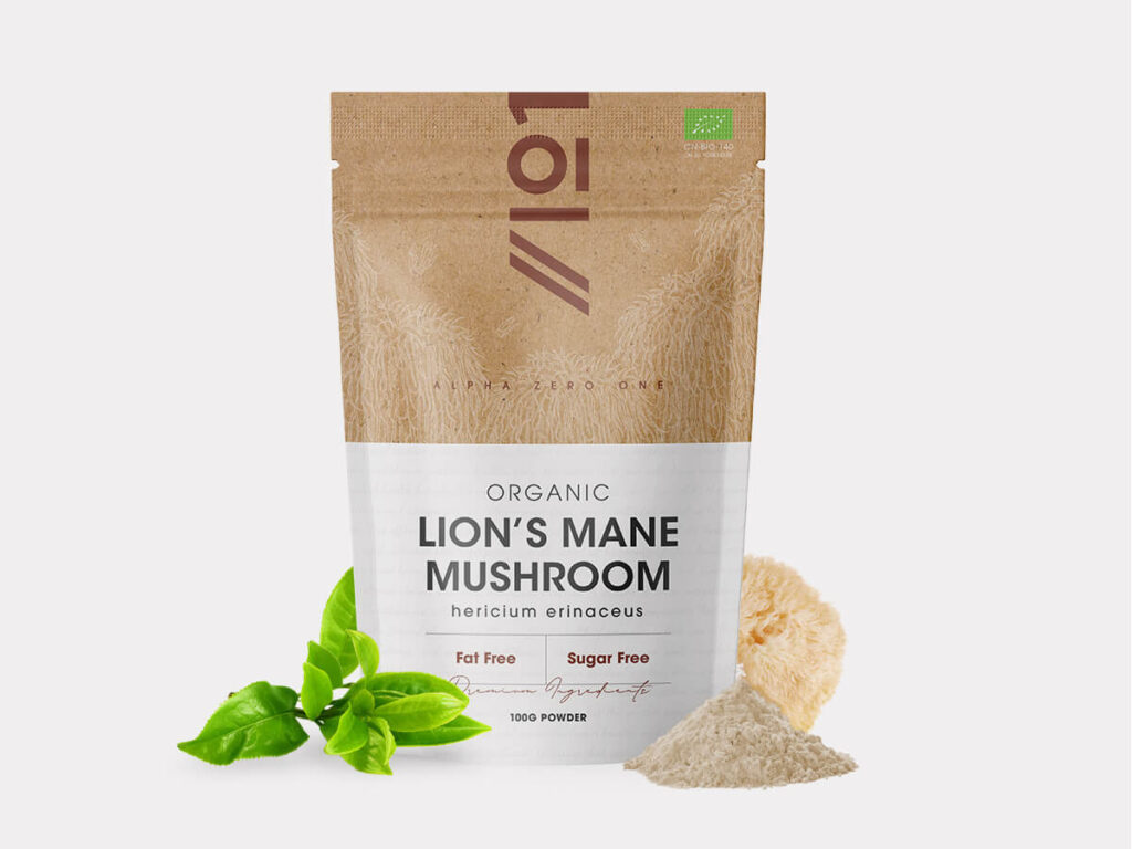 Resealable pouch containing 100g organic Lions Mane powder, pure Hericium erinaceus