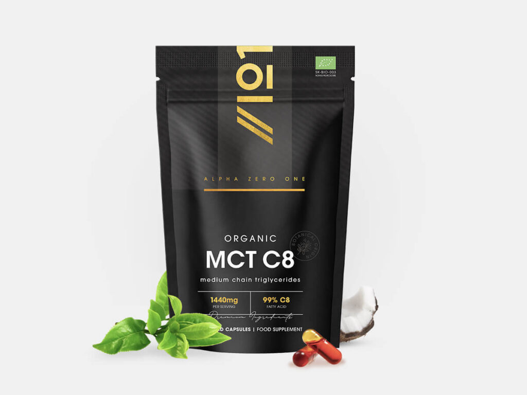 Bottle of Alpha01 Organic MCT Oil vegan capsules, 60 count, 1440mg per capsule, C8 fatty acid