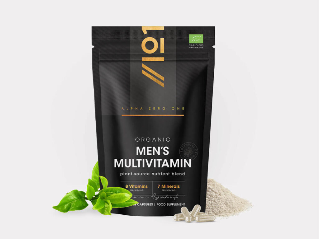 Bottle of Alpha01 Organic Men's Multivitamins, 60 vegan capsules with 15 organic vitamins and minerals, fenugreek, ashwagandha, lion’s mane