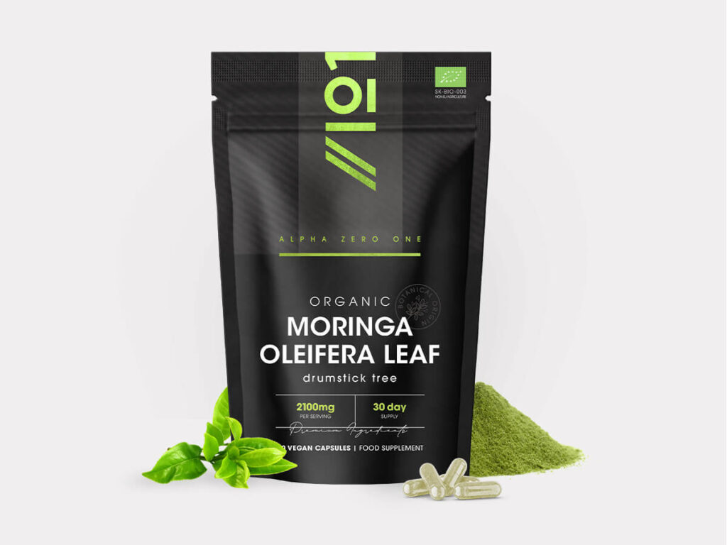 Bottle of 90 vegan capsules containing 2100mg organic Moringa Oleifera leaf, non-GMO, gluten free