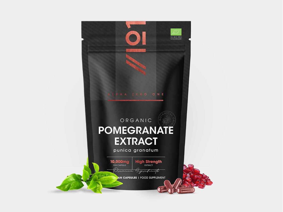 Alpha01 Organic Pomegranate Extract pouch, punica granatum, 10,000mg per capsule, vegan capsules, EU organic logo