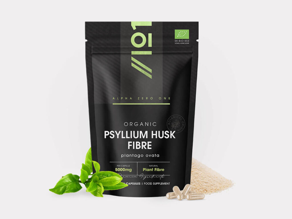 Resealable pouch with 90 vegan capsules of organic Psyllium Husk extract 5000mg from Plantago Ovata seeds