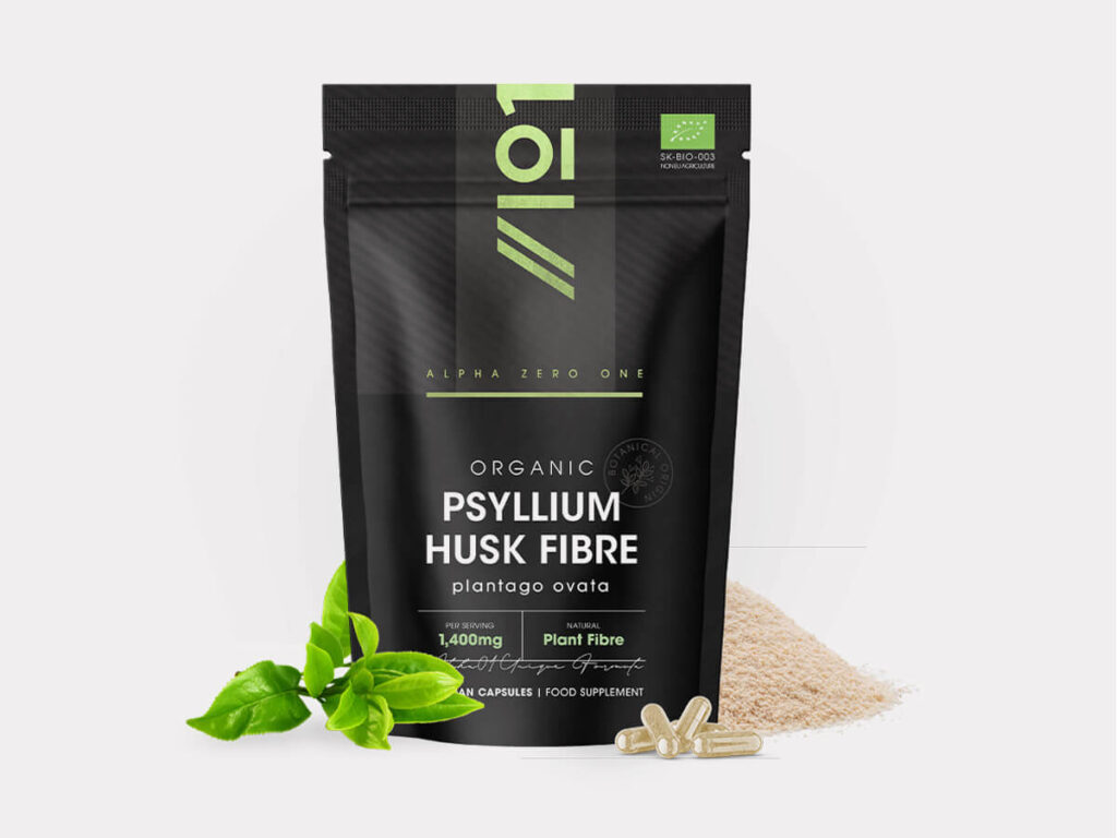 Resealable pouch containing 90 vegan capsules of organic Psyllium Husk fibre from Plantago Ovata seeds