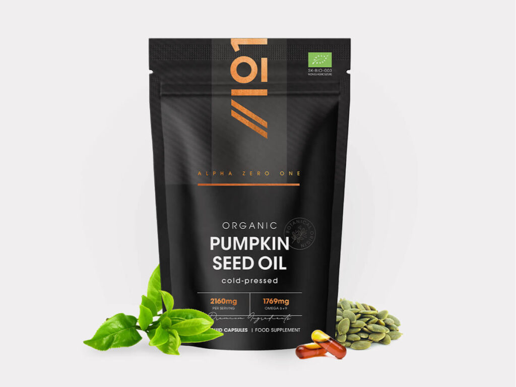 Alpha01 bottle with 60 liquid capsules of cold-pressed organic pumpkin seed oil rich in fatty acids