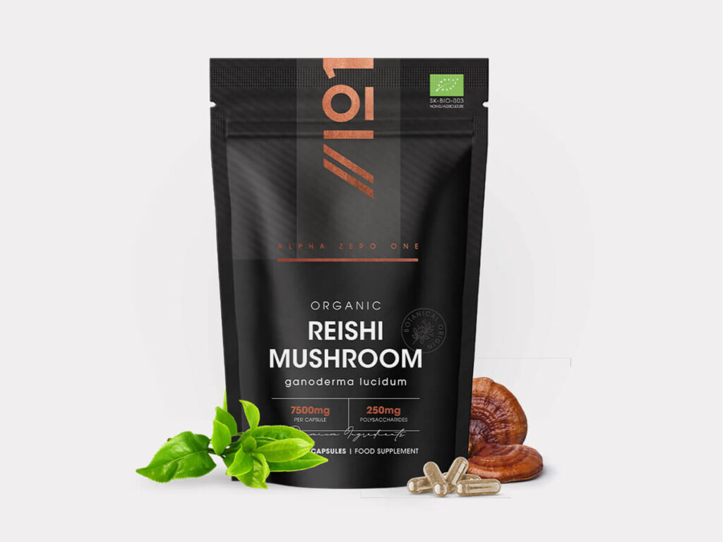 Bottle of 90 vegan capsules containing organic Reishi Mushroom extract with 50% polysaccharides