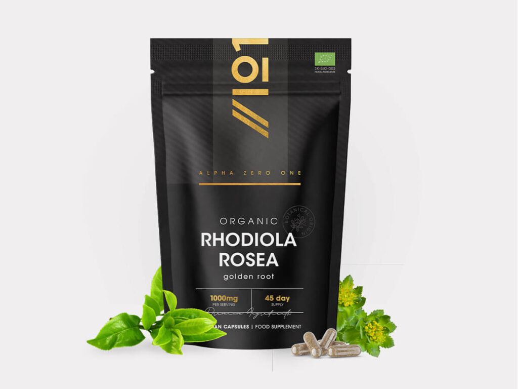 Bottle of 90 vegan capsules containing 1000mg organic Rhodiola Rosea extract per serving