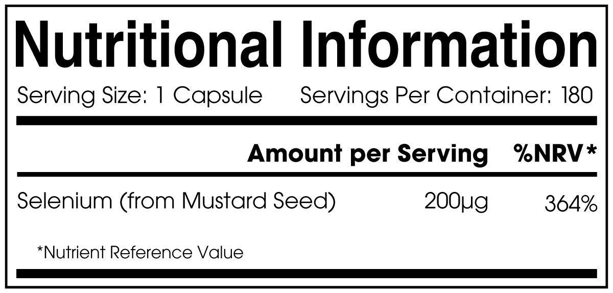 Nutrition information panel of Alpha01 Organic Selenium: serving size 1 capsule, 180 servings per container, selenium from mustard seed 200µg, 364% NRV
