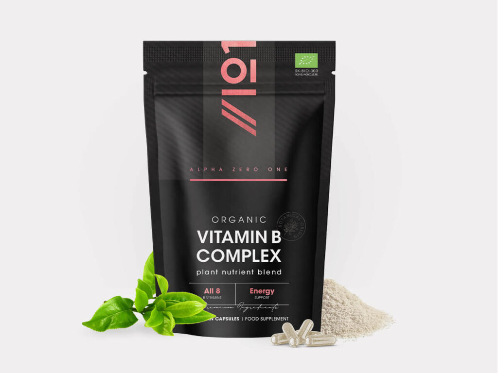 Bottle of Alpha01 Organic Vitamin B Complex, 60 vegan capsules, all 8 essential B vitamins, plant-based blend