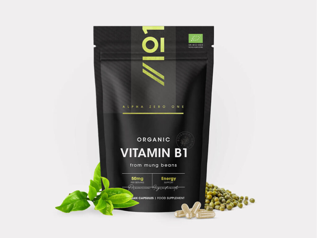 Bottle of 60 vegan capsules containing 50mg organic Vitamin B1 from sprouted mung beans