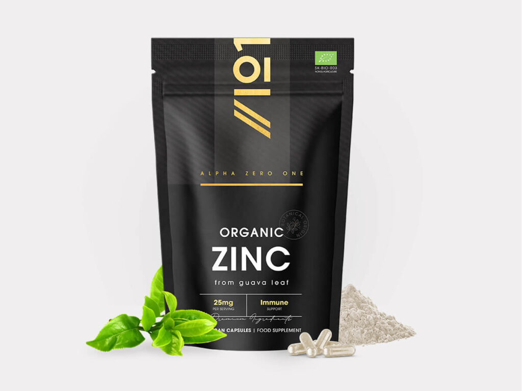 Resealable pouch with 60 vegan capsules of organic zinc from guava leaf, plant-based supplement