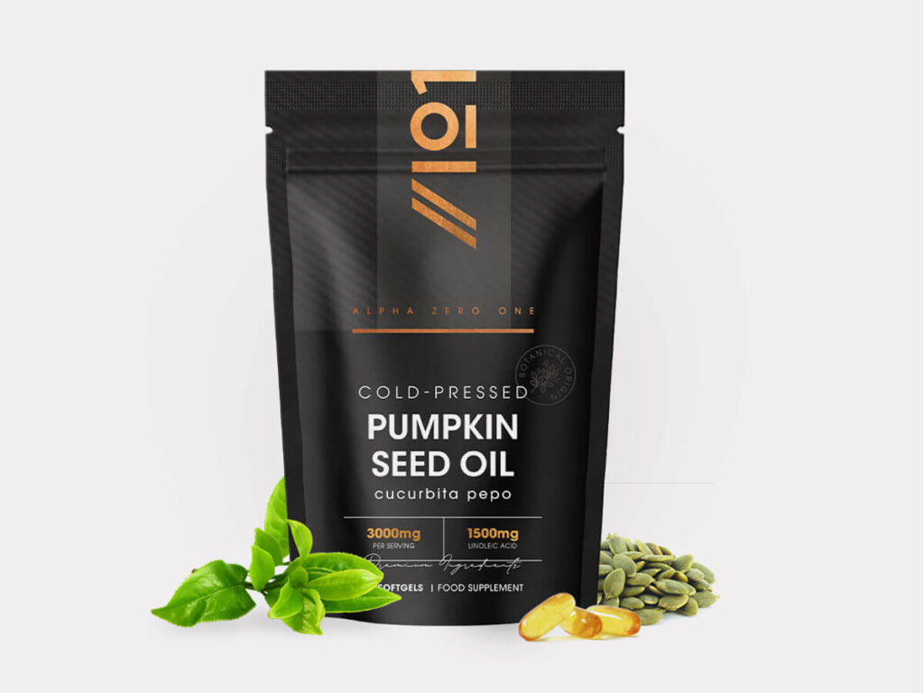 Alpha01 90 softgels bottle, pumpkin seed oil capsules, 3000mg per serving, cold pressed oil