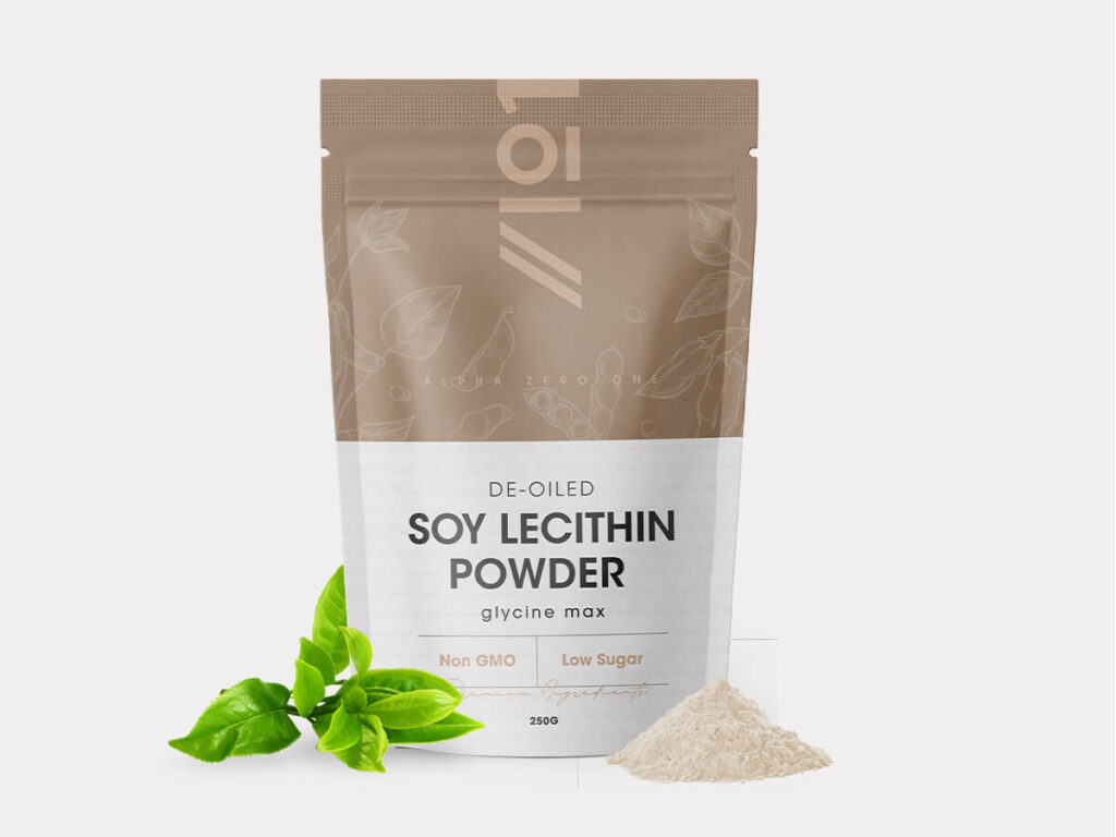 Resealable pouch of Alpha01 Soy Lecithin Powder 250g, Non-GMO, additive free, de-oiled soy phospholipids