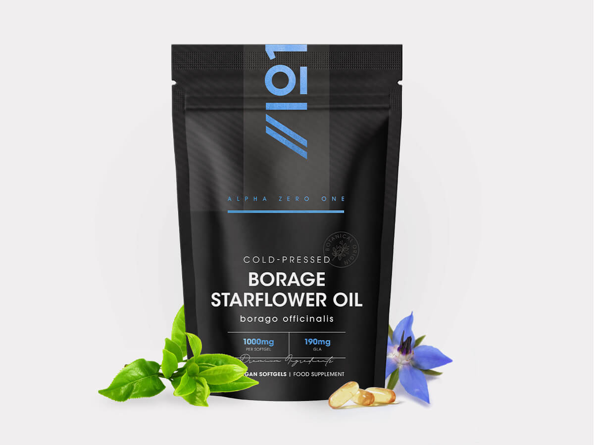 Bottle of 90 softgels containing cold pressed Starflower Borage oil with omega-6 fatty acids