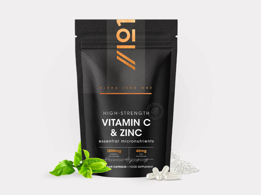 Bottle of 90 vegan capsules containing 1200mg Vitamin C and 40mg Zinc by Alpha01