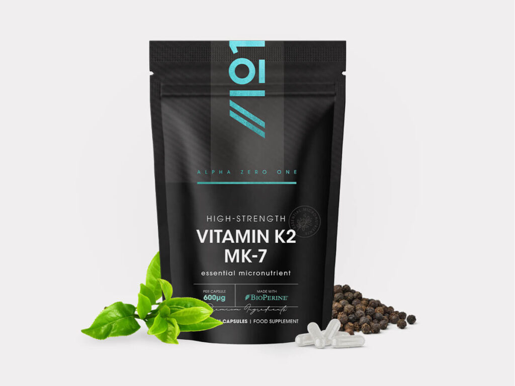 Bottle of 120 capsules containing vegan fermented Natto-based Vitamin K2 MK-7 600mcg