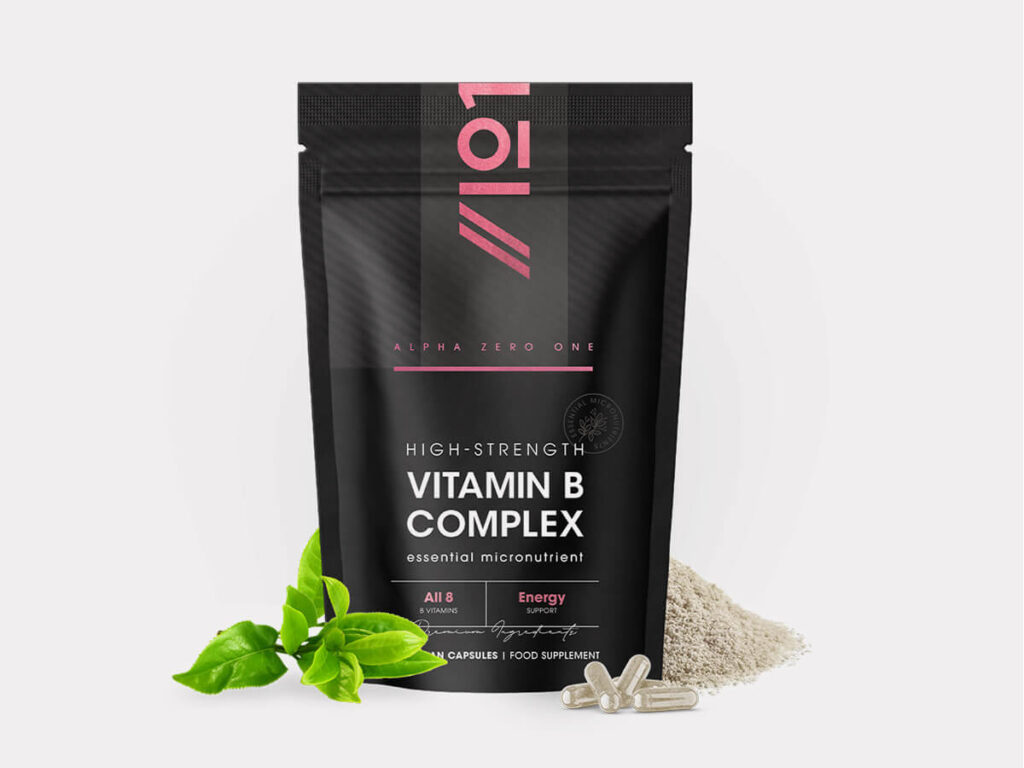 Bottle of 180 vegan capsules containing Vitamin B1, B2, B3, B5, B6, B12, Biotin, and Folic Acid