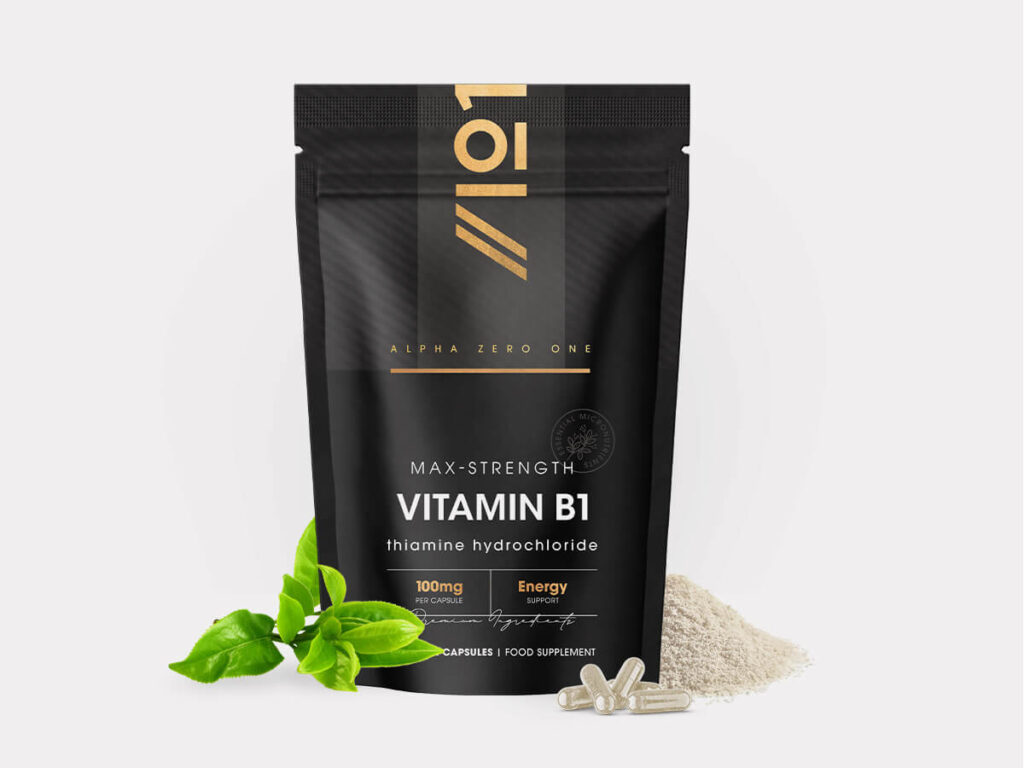 Resealable pouch with 90 vegan capsules containing 100mg Vitamin B1 (Thiamin) each