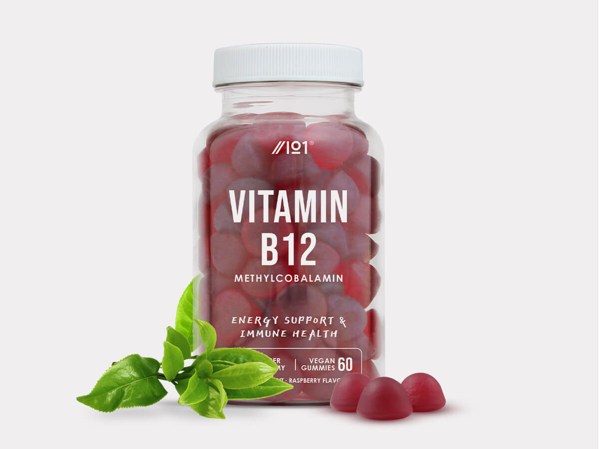 Bottle of Alpha01 Vitamin B12 gummies, 60 vegan raspberry-flavored gummies, 1500mcg methylcobalamin each