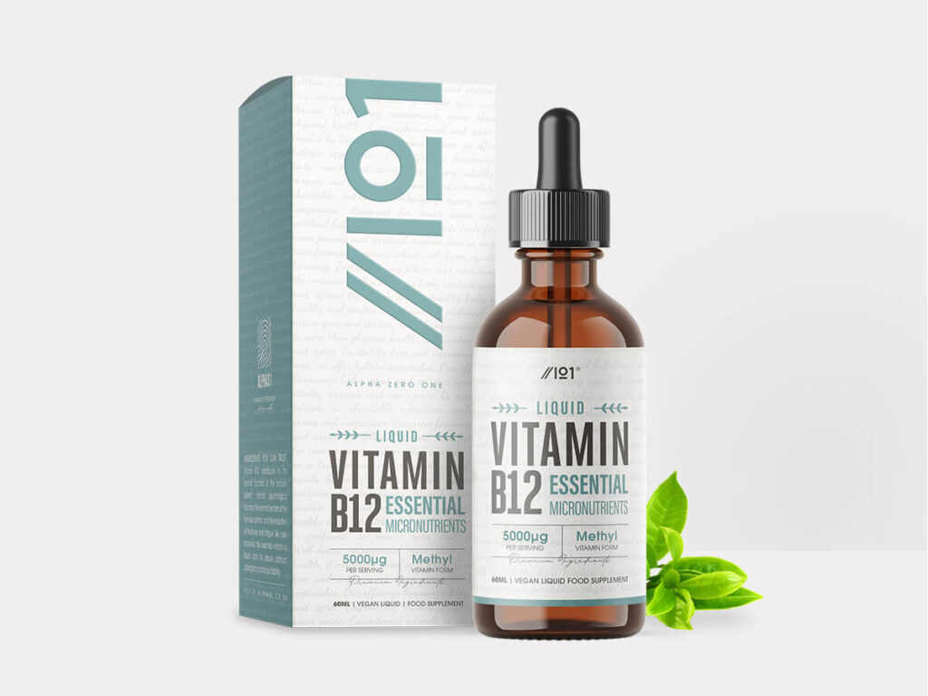 Bottle of liquid Vitamin B12 tincture, 60ml, high strength 5000mcg methylcobalamin, vegan friendly
