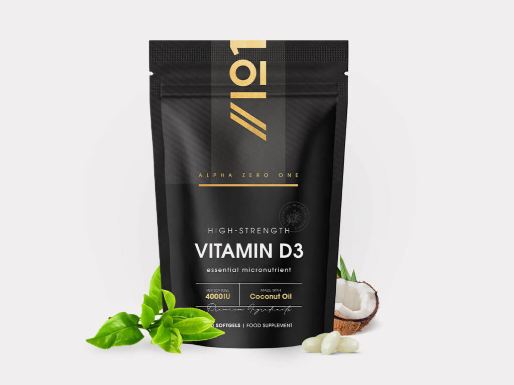 Alpha01 bottle with 180 mini liquid softgels containing 4000iu vitamin D3 enhanced with coconut oil