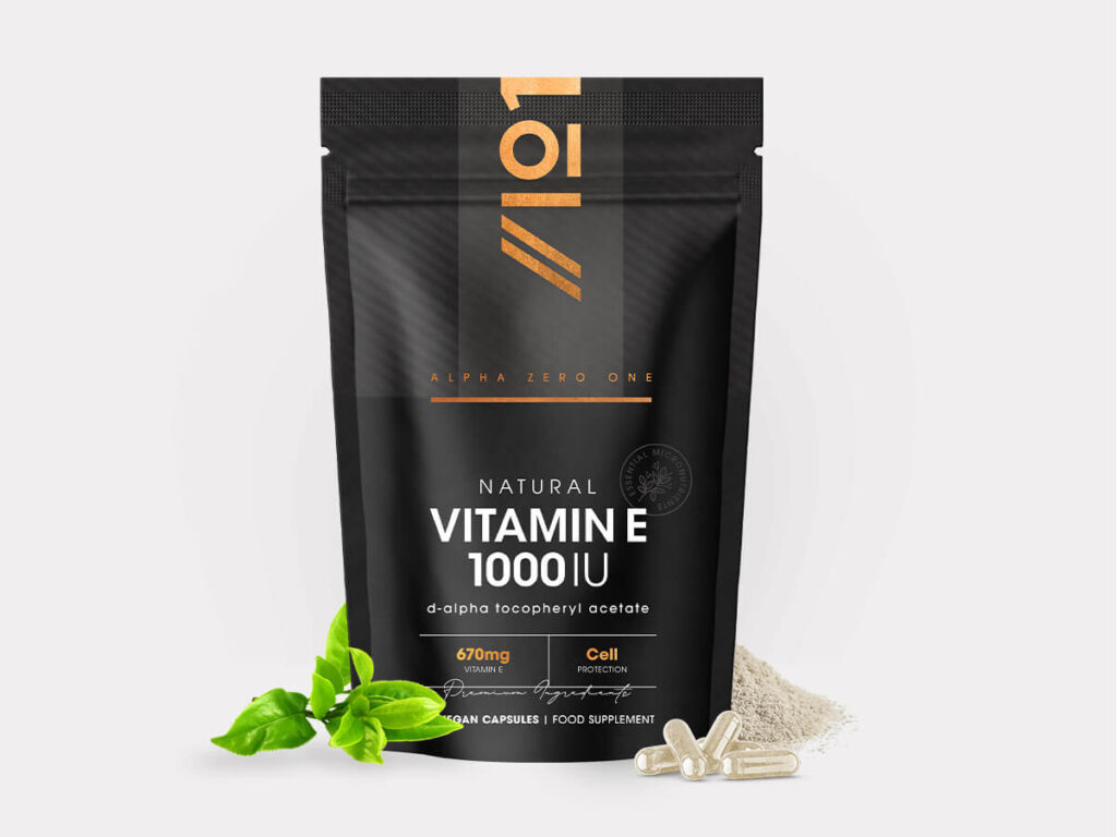 Bottle of 90 vegan capsules containing 1000 IU D-Alpha Tocopherol Vitamin E