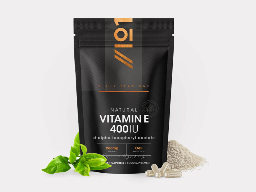 Bottle of 90 vegan capsules containing 400 IU natural D-Alpha Tocopherol vitamin E