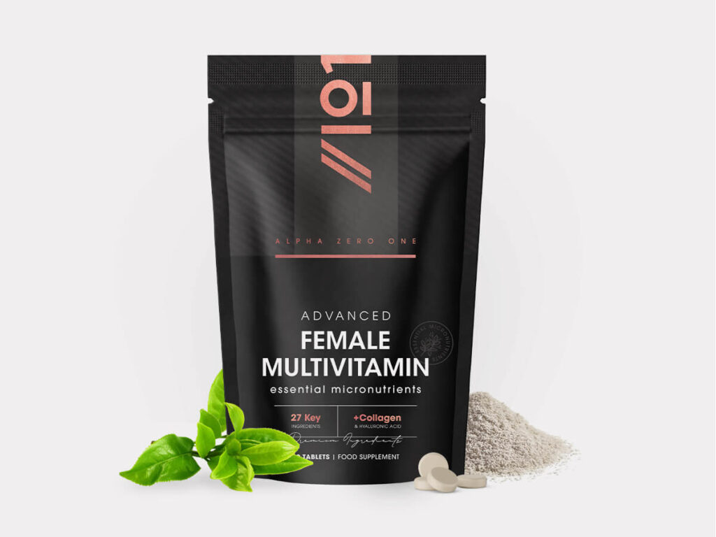 Bottle of 90 tablets, multivitamin with collagen, hyaluronic acid, vitamins and minerals