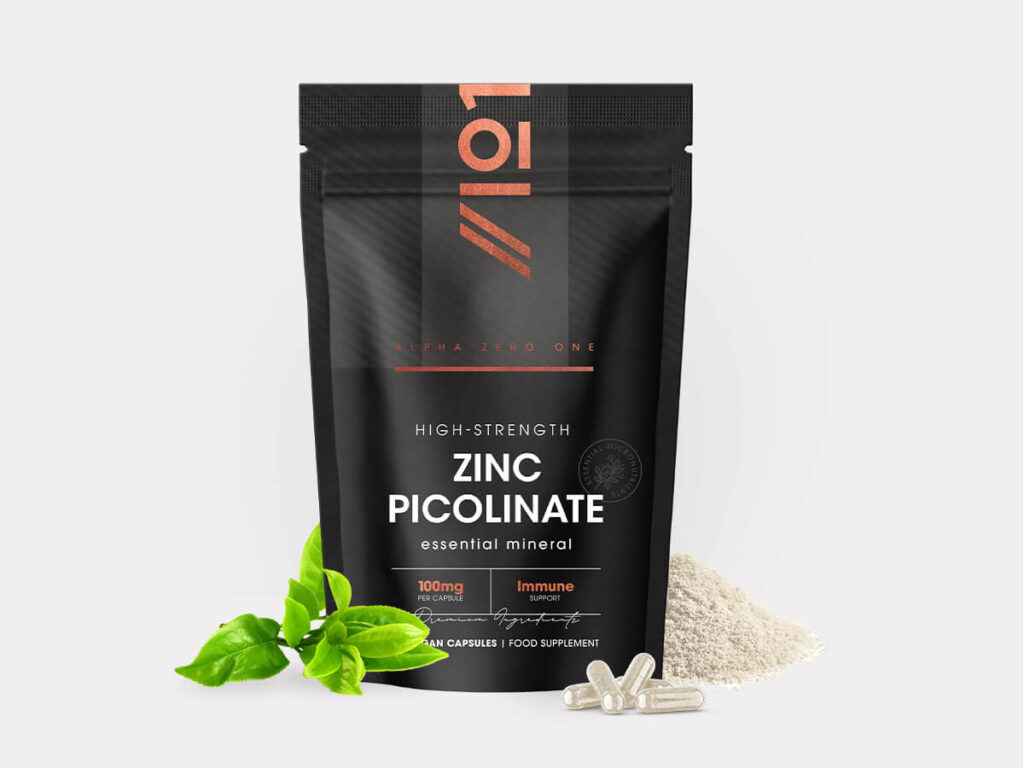 Bottle of 90 vegan capsules containing 100mg Zinc Picolinate in a resealable recyclable pouch