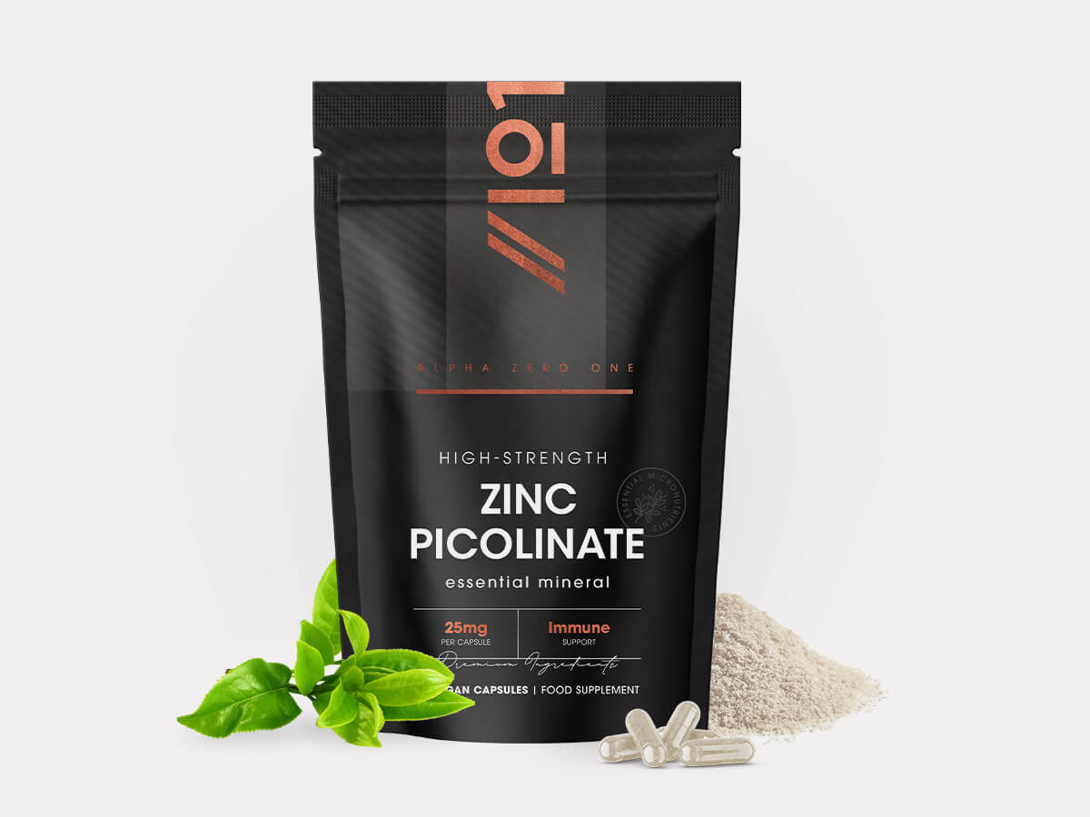 Alpha01 Zinc Picolinate pouch, essential mineral, 25mg per capsule, vegan capsules, food supplement