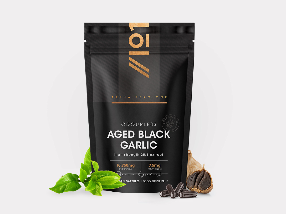 Alpha01 Odourless Aged Black Garlic pouch, 25:1 extract, 18,750mg per capsule, 7.5mg polyphenols, vegan capsules