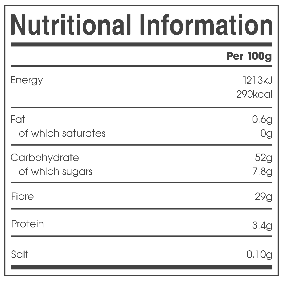 Nutritional information panel of Alpha01 Organic Ashwagandha Powder per 100g: energy 1213kJ 290kcal, fat 0.6g, saturates 0g, carbohydrate 52g, sugars 7.8g, fibre 29g, protein 3.4g, salt 0.10g