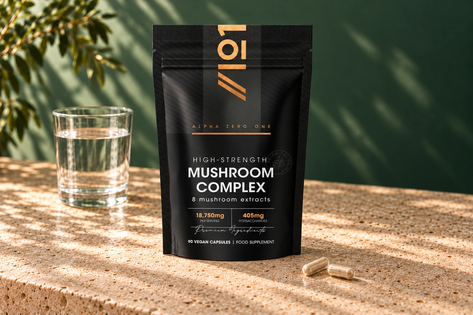 Alpha01 8 Mushroom Complex 18750mg 90 vegan capsules pouch with two tan-filled hard capsules and water on stone