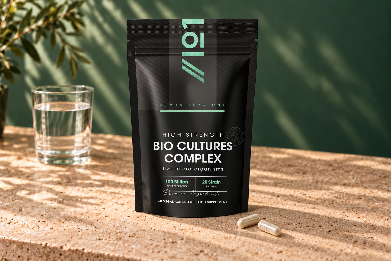 Alpha01 Bio Complex Cultures 100 Billion 60 vegan capsules pouch with two capsules and a glass of water on sunlit stone