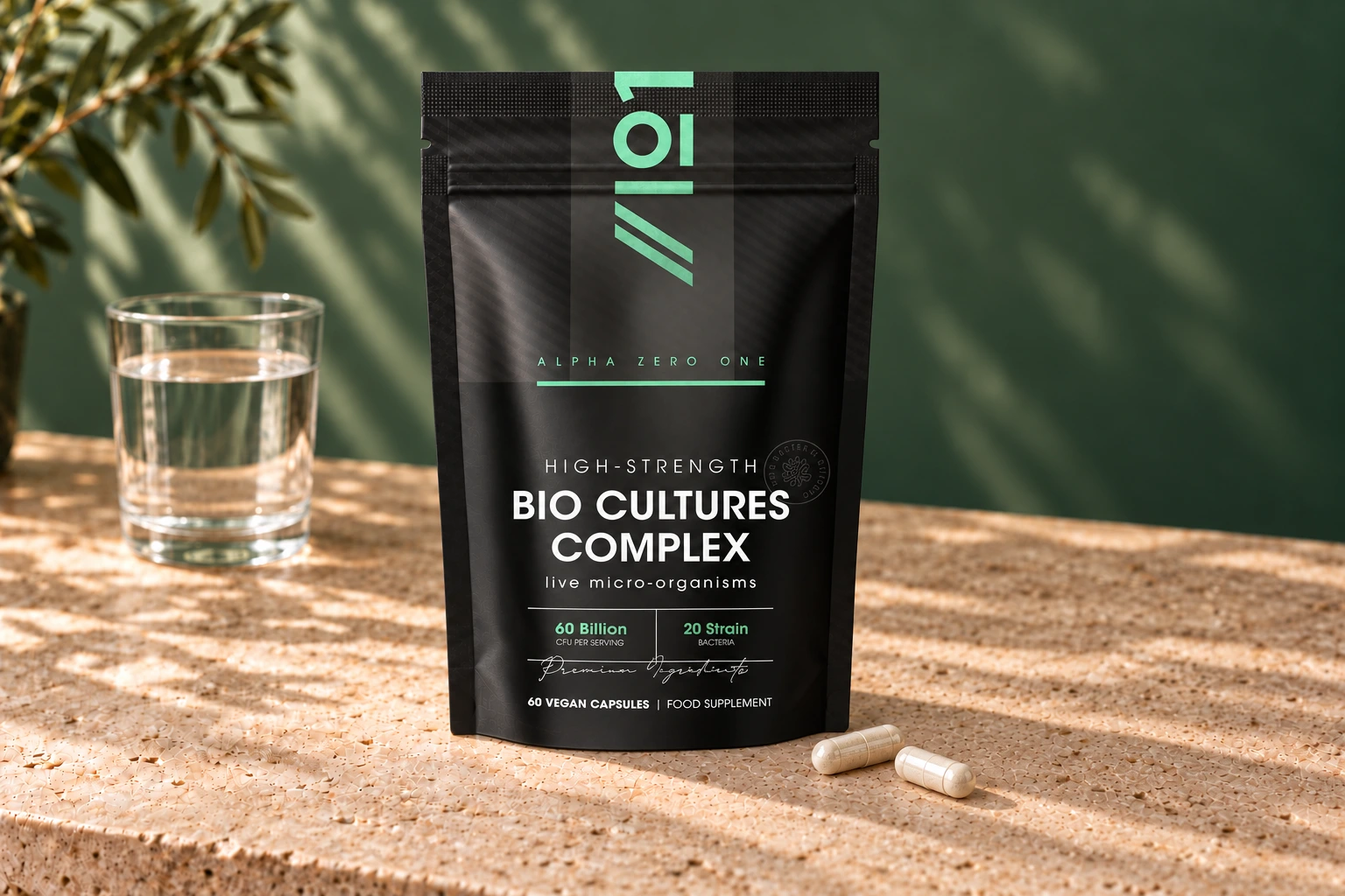Alpha01 Bio Cultures Complex 60 Billion 60 vegan capsules pouch with two capsules and a glass of water on sunlit stone