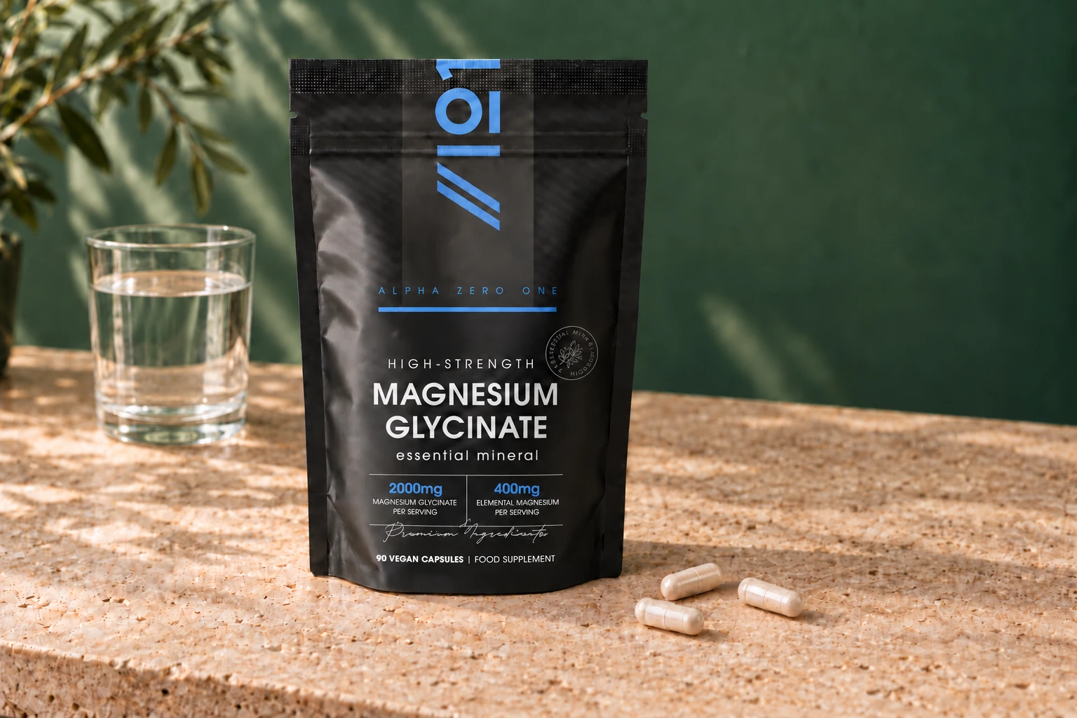 Alpha01 Chelated Magnesium, 90 capsules, with a glass of water and capsules on a stone counter