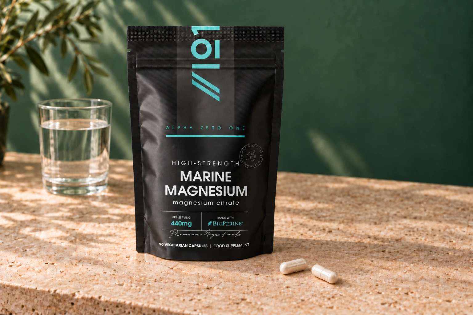 Alpha01 Dead Sea Magnesium Citrate, 90 capsules, with a glass of water and capsules on a stone counter