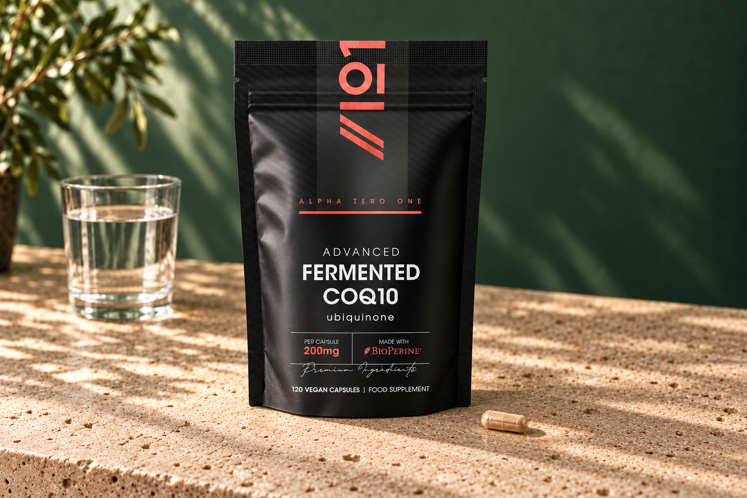 Alpha01 Fermented CoQ10 200mg 120 vegan capsules pouch with one tan-filled hard capsule and a glass of water on stone