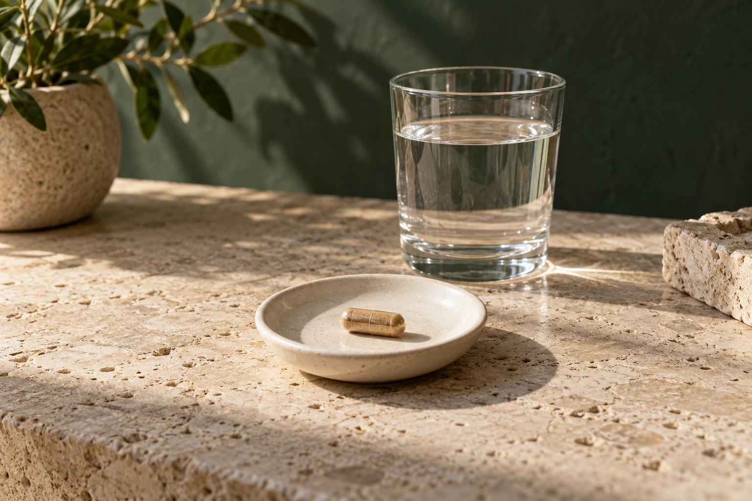 One tan-filled hard capsule in an ivory saucer beside a glass of water on natural stone