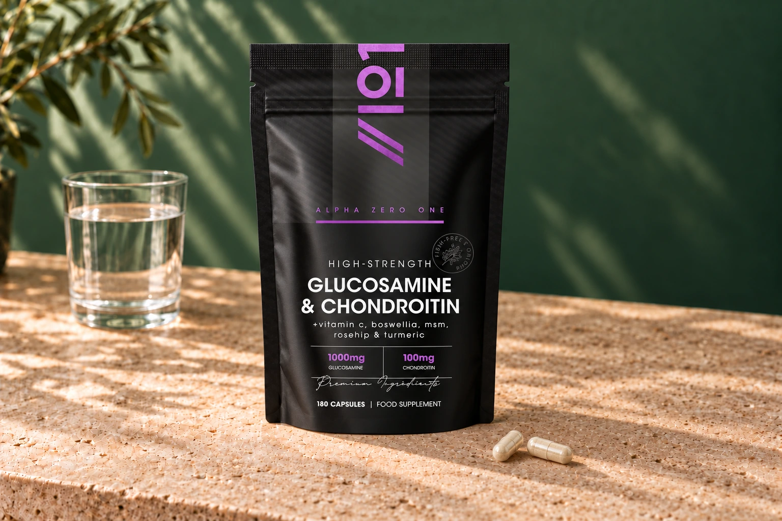 Upright Alpha01 Glucosamine and Chondroitin 180-capsule pouch with purple artwork, two pale capsules and a clear glass of water on travertine