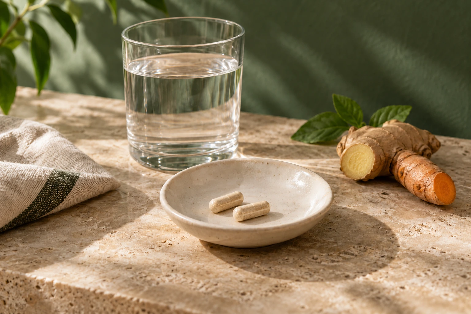 Two pale hard capsules in an ivory dish with a glass of water, ginger and turmeric on warm stone against a green backdrop
