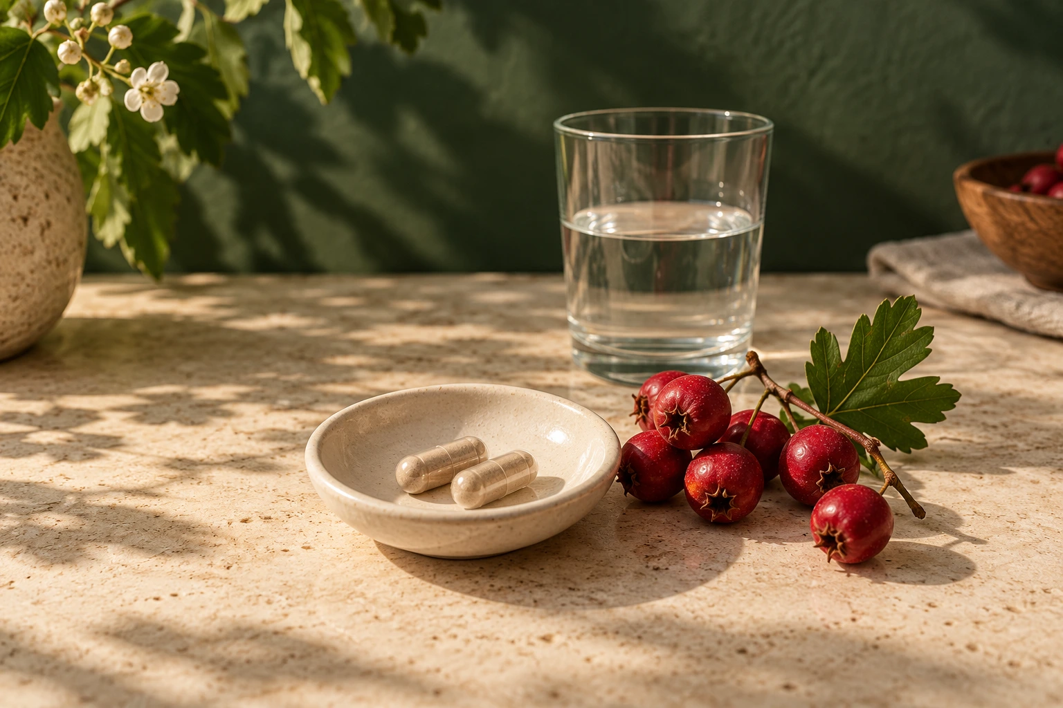 Two tan-filled hard capsules in an ivory dish beside red hawthorn berries, a lobed leaf and a glass of water on natural stone