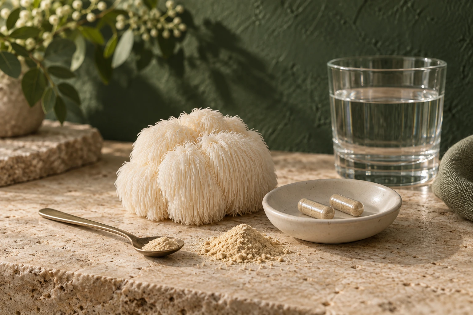 A cultivated white lion’s mane mushroom with two beige-filled hard capsules in an ivory dish, extract powder, a resting teaspoon and water on natural stone