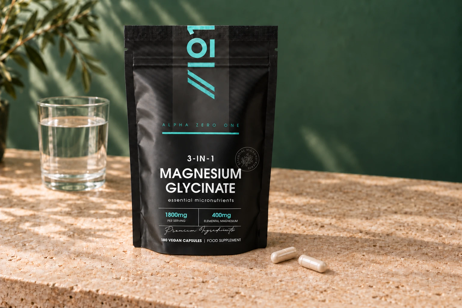 Alpha01 Magnesium Glycinate 3-IN-1, 180 capsules, with a glass of water and capsules on a stone counter