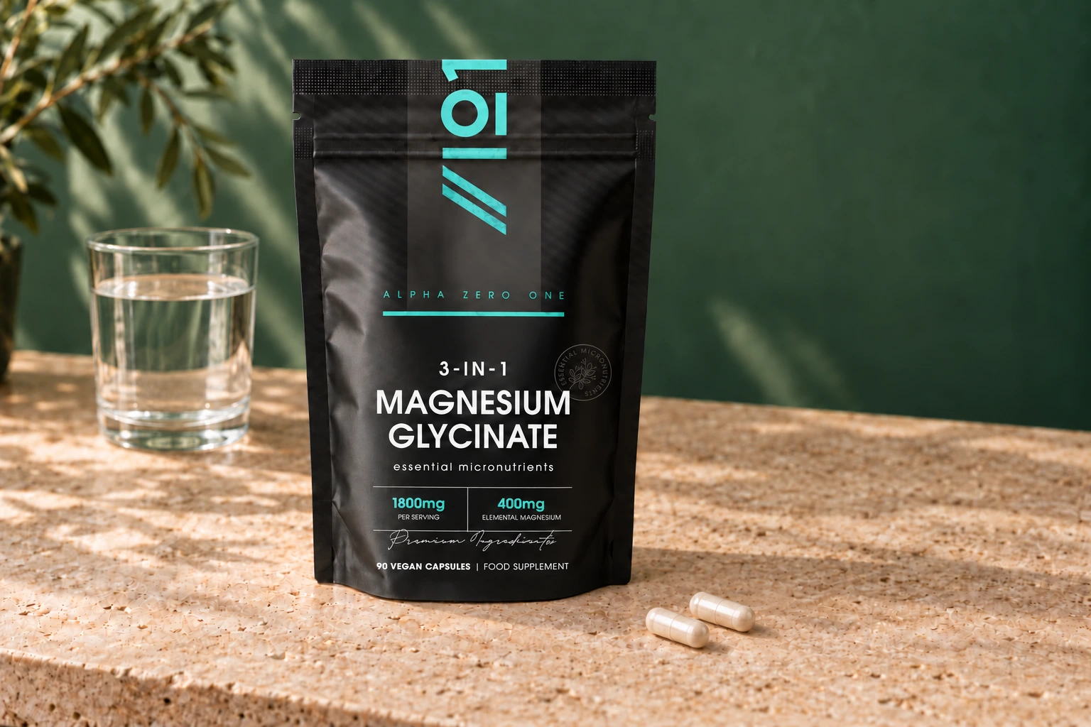 Alpha01 Magnesium Glycinate 3-IN-1, 90 capsules, with a glass of water and capsules on a stone counter