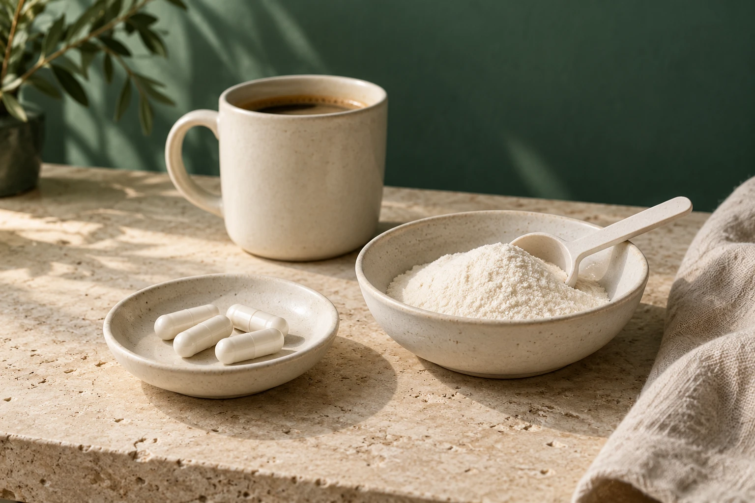 Four ivory capsules in a ceramic dish beside a bowl of powder, a scoop and a coffee mug
