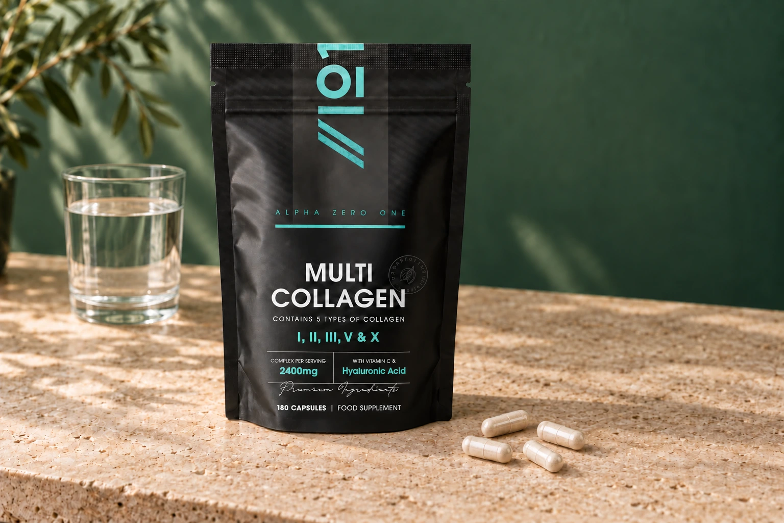 Alpha01 Multi Collagen Complex pouch with four capsules on a sunlit stone surface