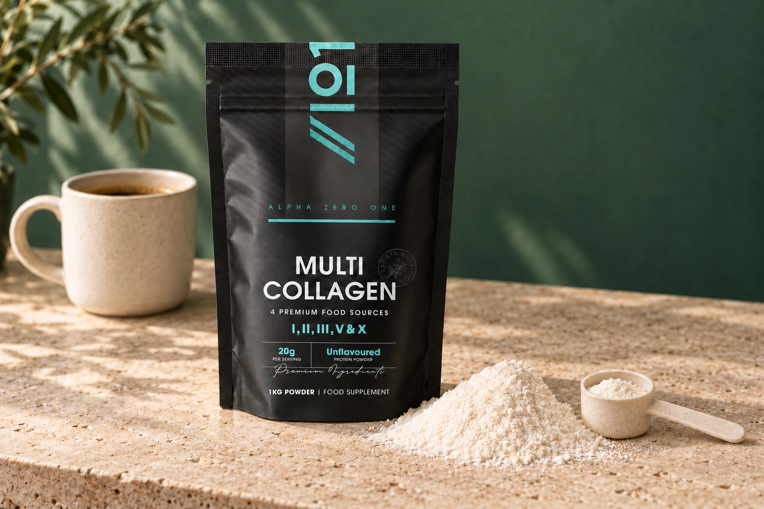 Alpha01 Multi Collagen Protein Powder pouch beside powder and a measuring scoop resting on stone