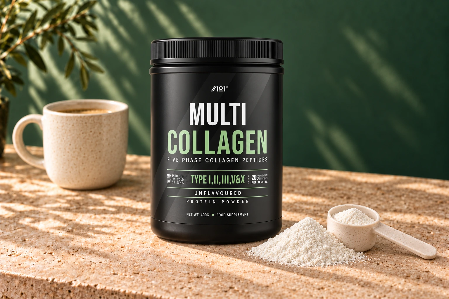 Alpha01 Multi Collagen Protein Powder 400g powder tub, upright on warm stone beside loose powder and a resting scoop