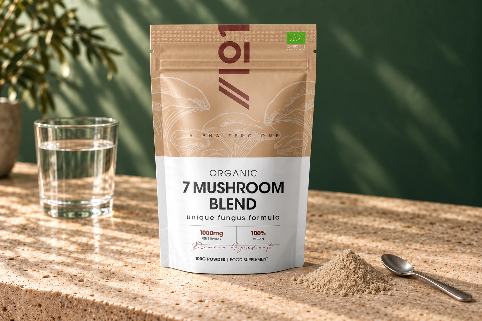 Alpha01 Organic 7 Mushroom Blend 100g tan and white pouch with a small mound of beige powder, a resting teaspoon and water on stone